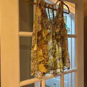 Joie Silk Yellow and Brown Floral semi sheer Blouse XS